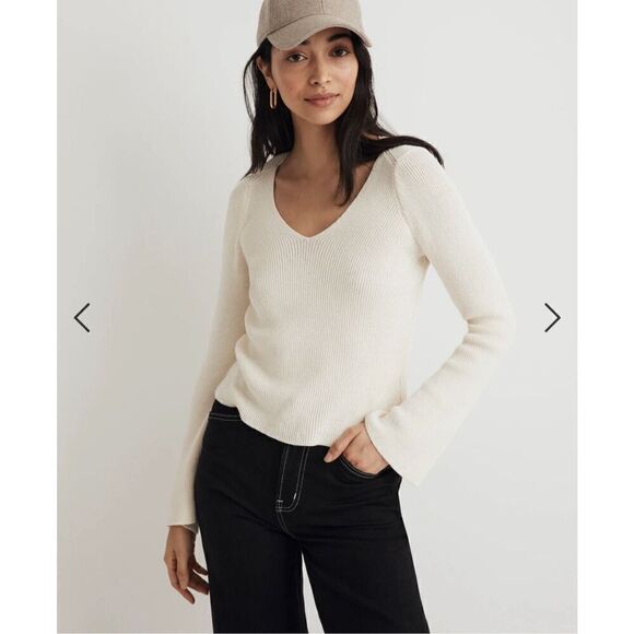$92 Madewell Flared-Sleeve V-Neck Sweater size L m4 - Picture 1 of 6